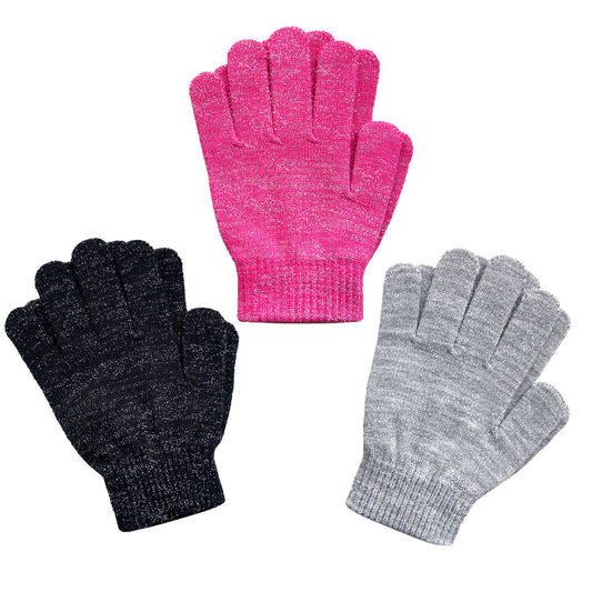 EvridWear 3 Pairs Girls Kid Knit Stretchy Grip Warm Magic Glove (Pattern 4)