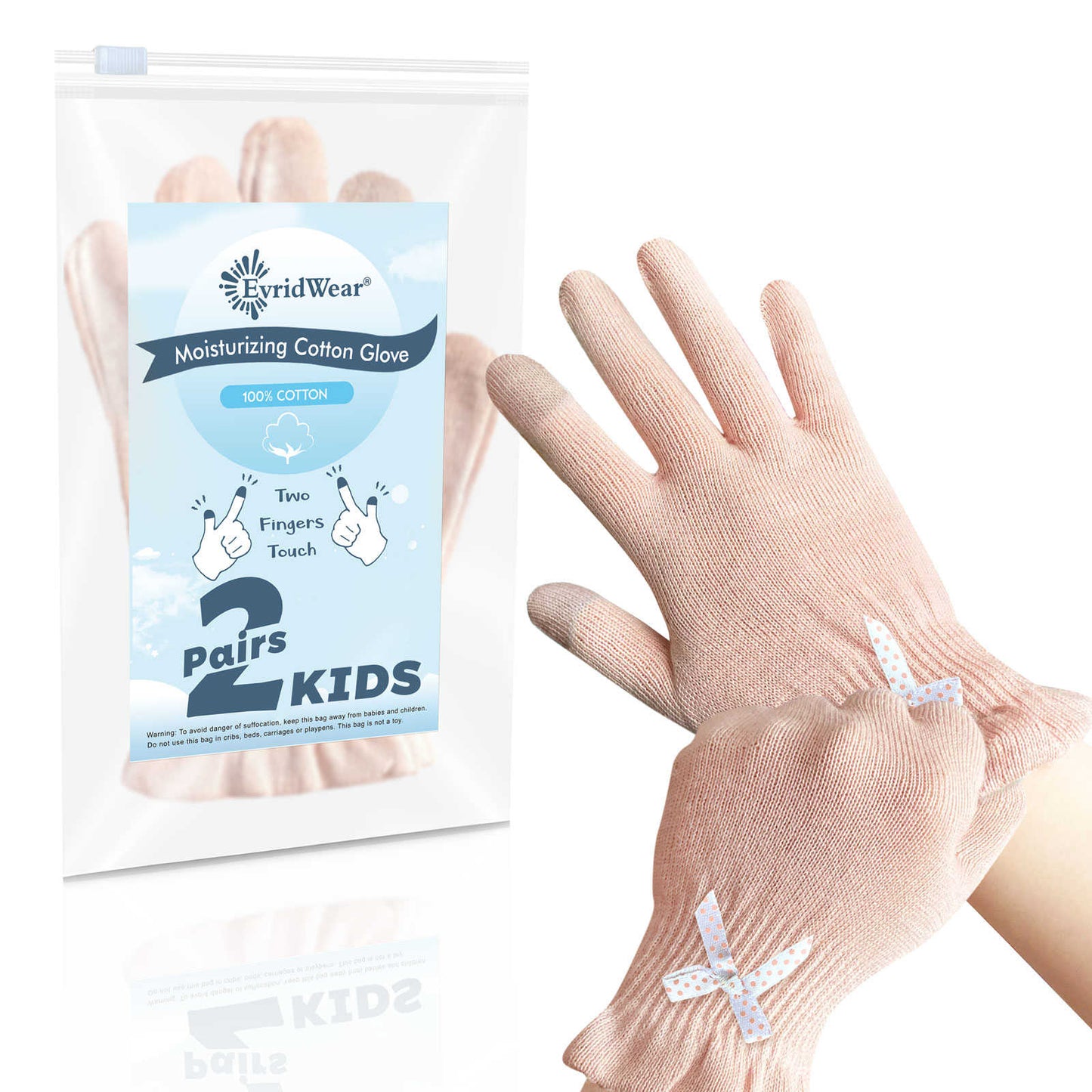 EvridWear Kid's Beauty Cotton Gloves with Touchscreen, Eczema, Dry Hands, Hand Care, Day and Night Moisturizing,(2 Pairs)