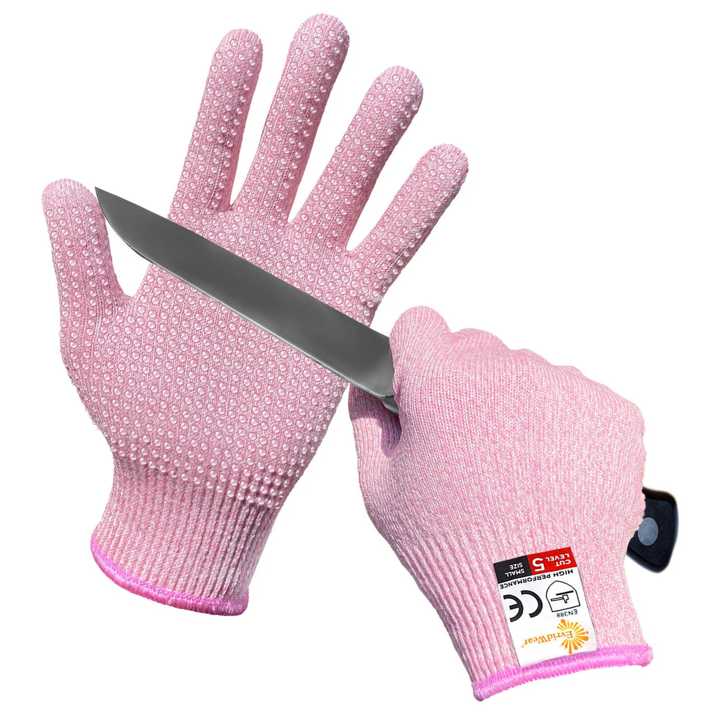 EvridWear 1 Pair Cut Resistant Work Gloves with Grip Dots, Food Grade Level 5 Safety Protective Cutting Glove (Pink)