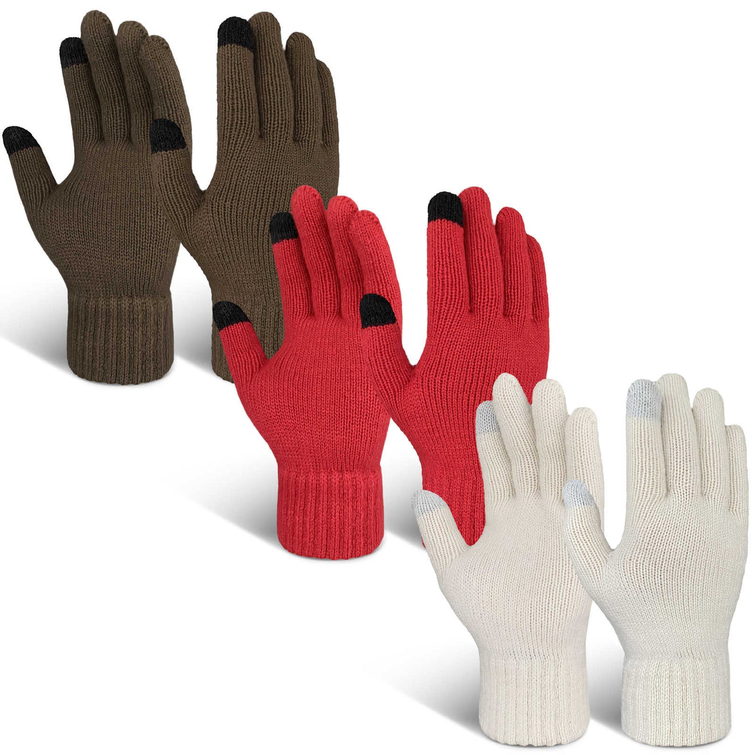 EvridWear 3 Pairs Fingerless Touchscreen Gloves - Thermal &amp; Warm (Brown/Red/White)