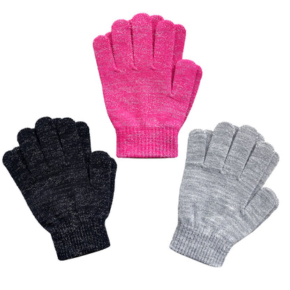 EvridWear Kids Winter Gloves - 3 Pairs Black/Pink/Grey Print Knit (Boys &amp; Girls)
