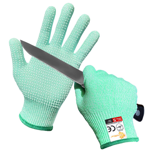 EvridWear 1 Pair Cut Resistant Work Gloves with Grip Dots, Food Grade Level 5 Safety Protective Cutting Glove (Green)