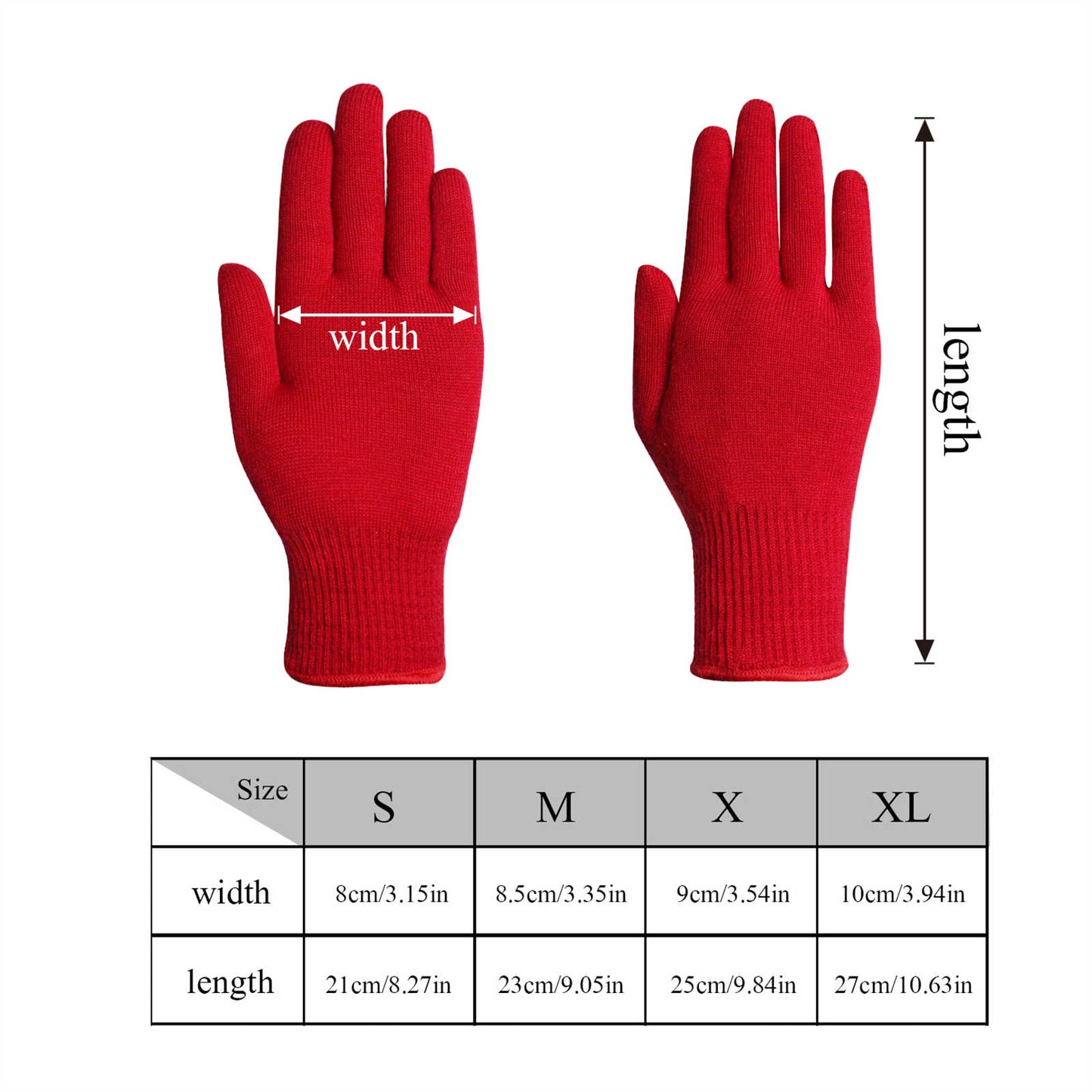 EvridWear 1 Pair Merino Wool String Knit Liner Full Finger Gloves, Men Women (Red)