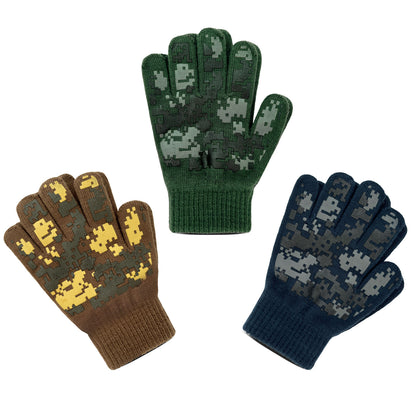 EvridWear Kids Winter Gloves - 3 Pairs Pixel Camo Grip Knit (Boys &amp; Girls)