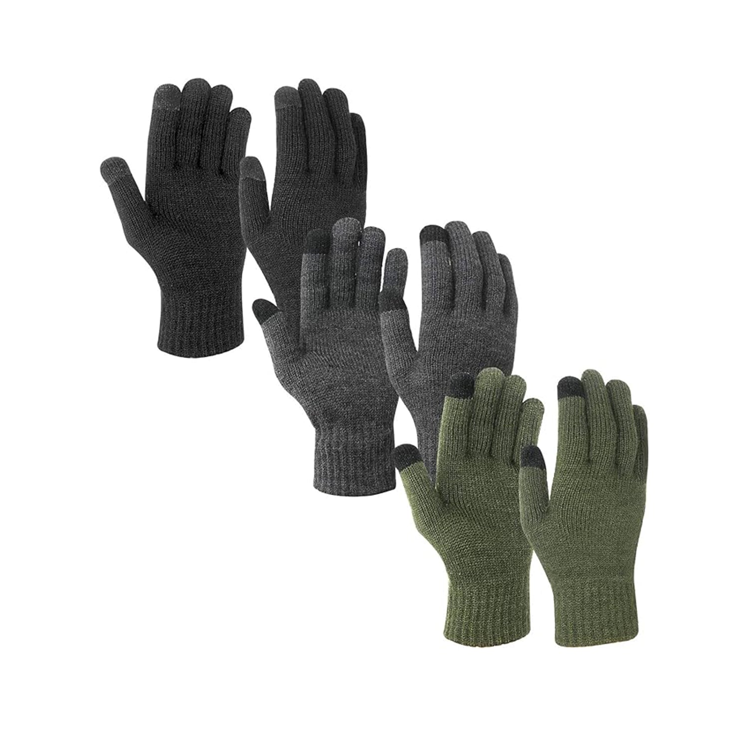 EvridWear 3 Pairs Fingerless Touchscreen Gloves - Thermal &amp; Warm (Black/Navy/Grey)