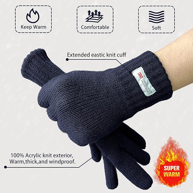 EvridWear Men's Winter Gloves - Knit with 3M Thinsulate Insulation (Navy)