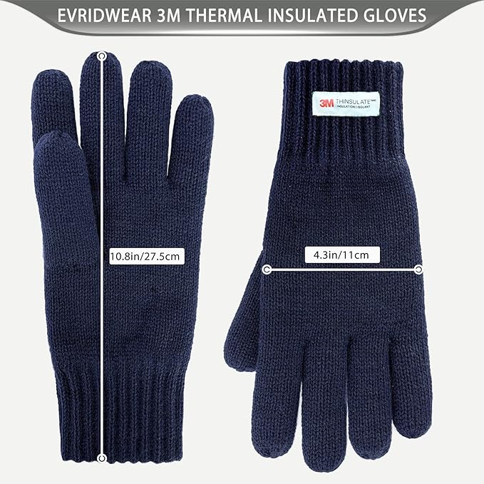 EvridWear Men's Winter Gloves - Knit with 3M Thinsulate Insulation (Navy)