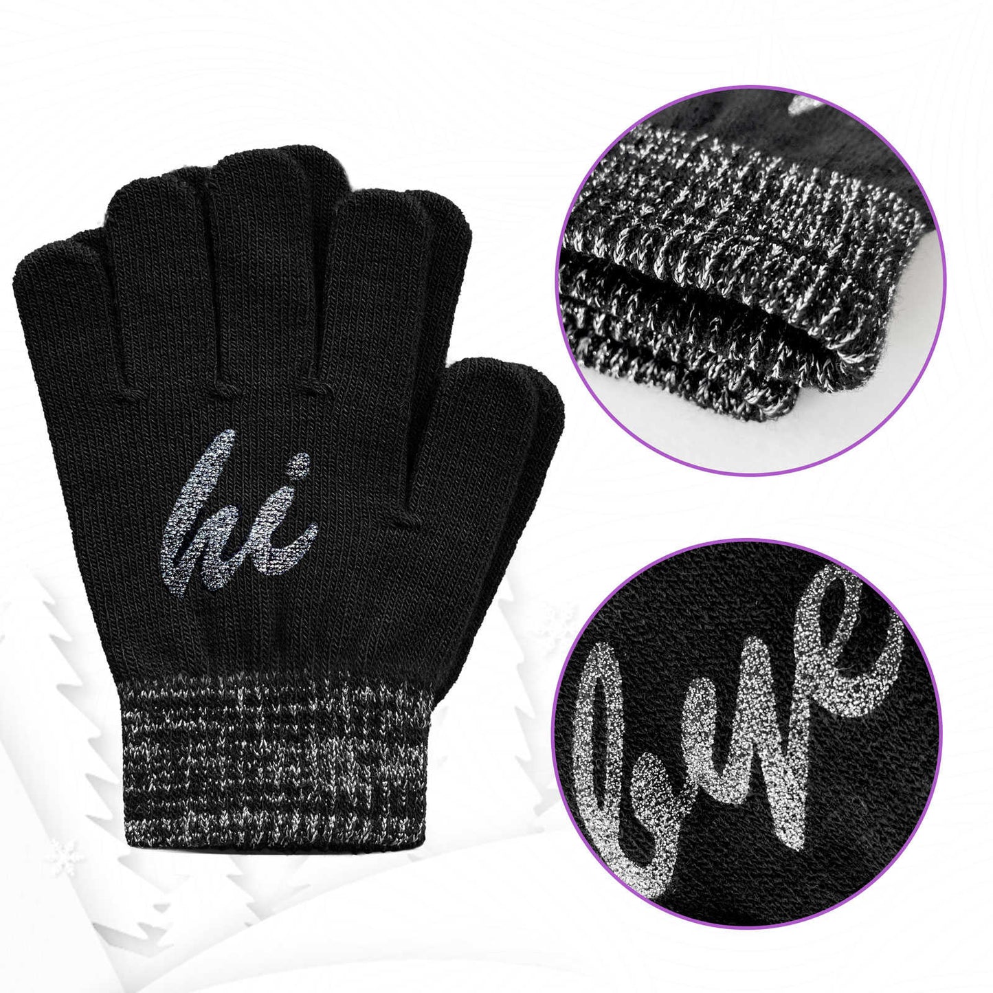 EvridWear 3 Pairs Girls Kid Knit Stretchy Grip Warm Magic Glove (Pattern 1)