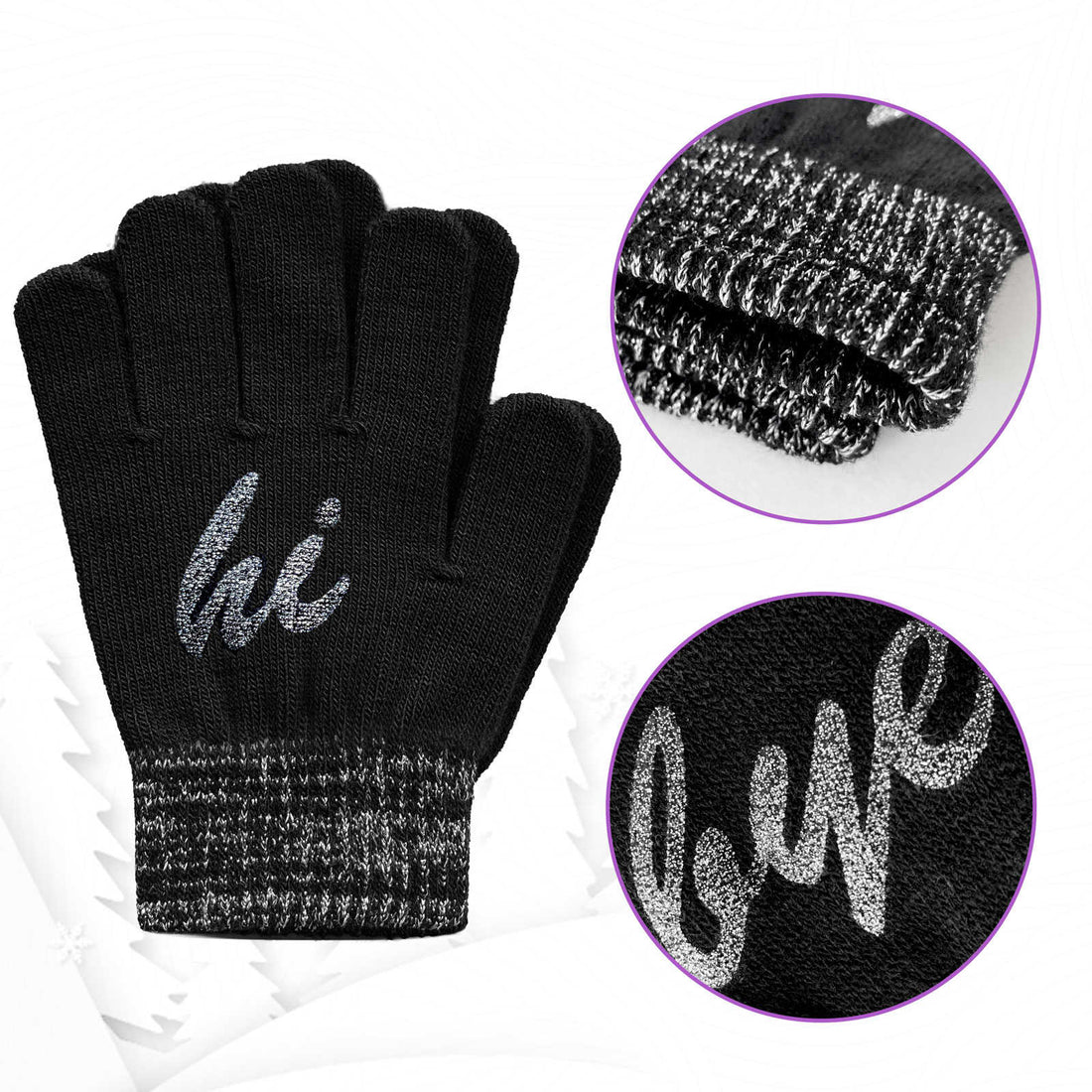 EvridWear Kids Winter Gloves - 3 Pairs Hi/Bye Print Knit (Boys & Girls)