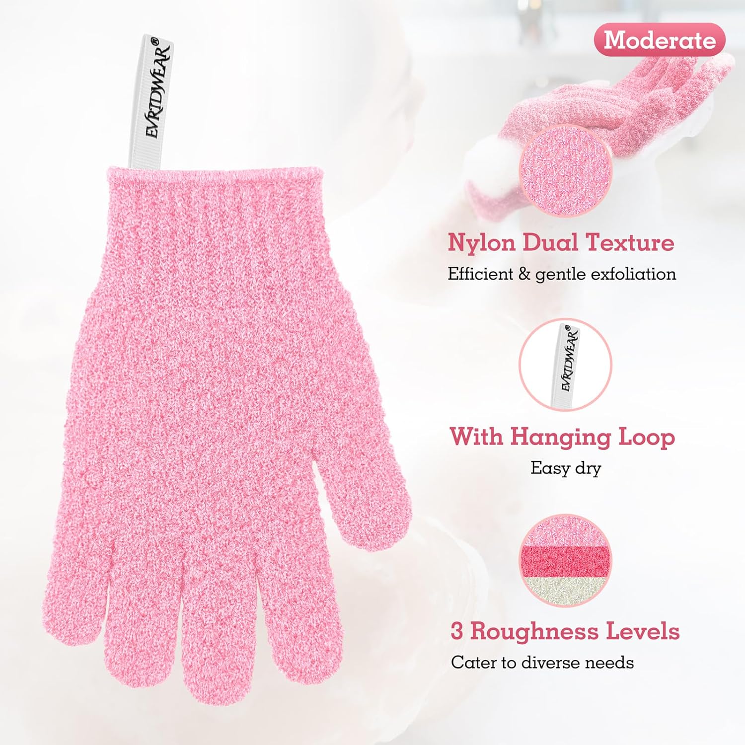 Evridwear Exfoliating Gloves for Shower 3 Pairs Moderate Pink