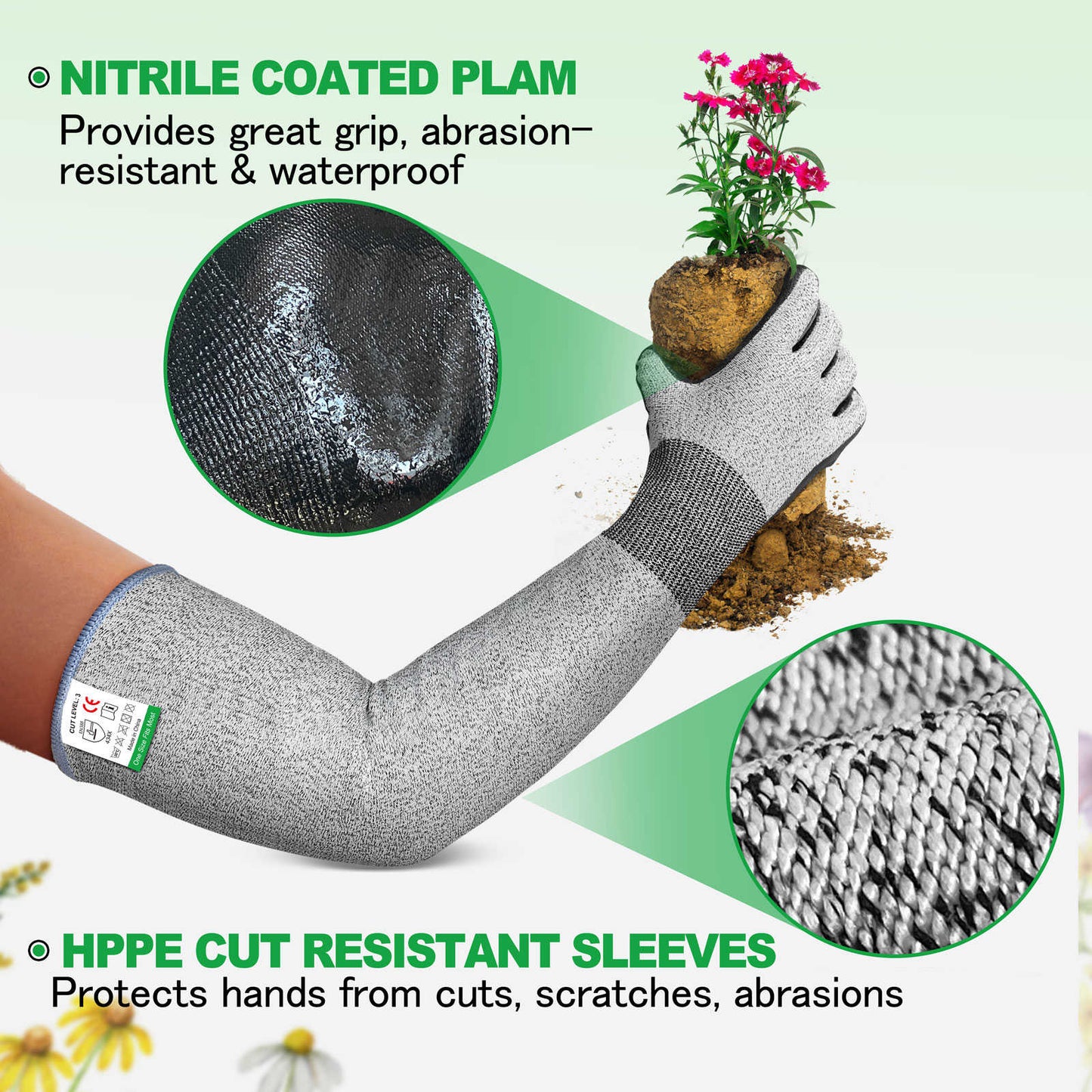 EvridWear Long Gardening Gloves Cut Resistant Sleeves with Anti-slip Nitrile Coated Palm