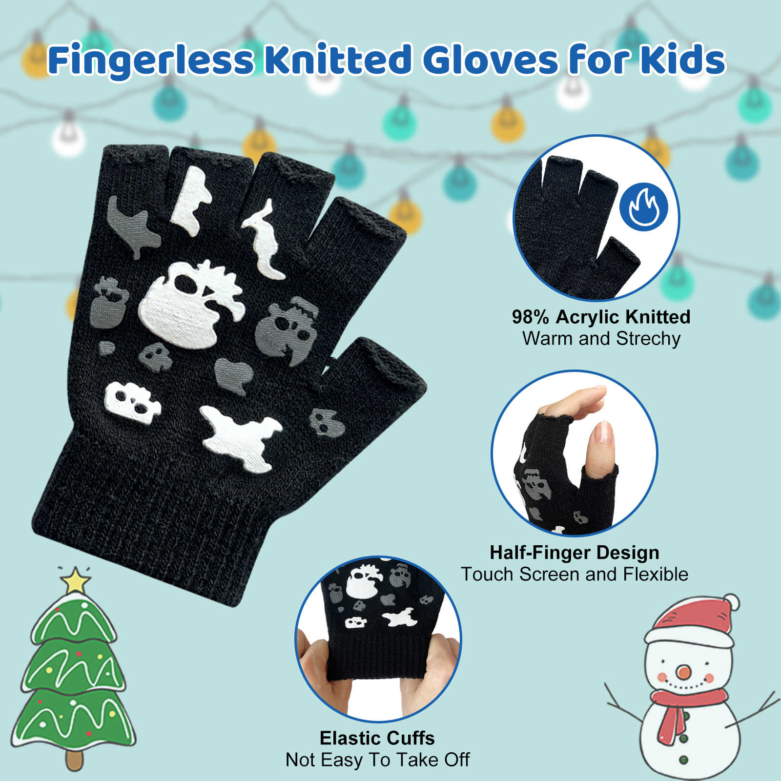 EvridWear Kids Fingerless Gloves - 3 Pairs Skull