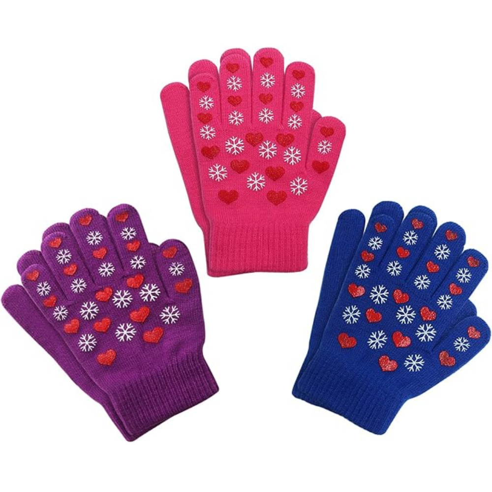 EvridWear Kids Winter Gloves - 3 Pairs Snowflake Knit (Boys &amp; Girls)