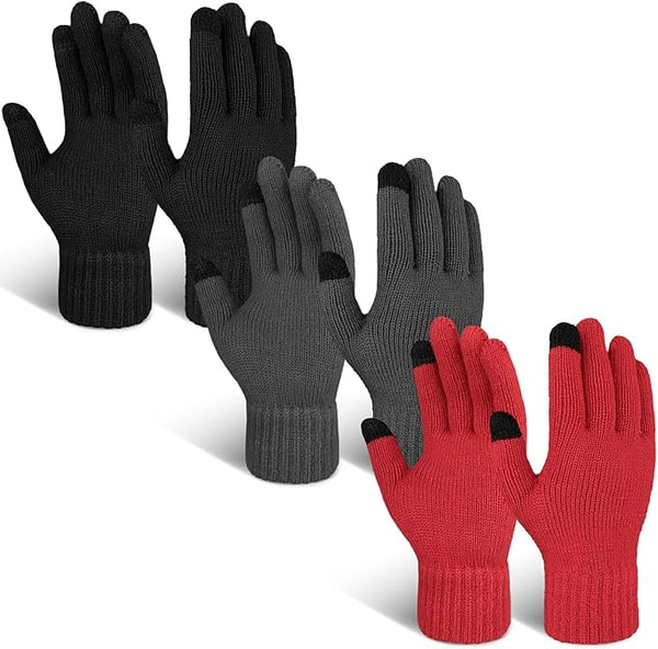 EvridWear 3 Pairs Fingerless Touchscreen Gloves - Thermal & Warm (Black/Grey/Red)