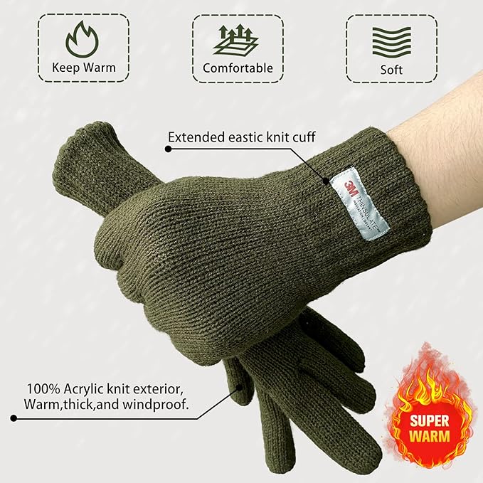 EvridWear Men's Winter Gloves - Knit with 3M Thinsulate Insulation (Green)