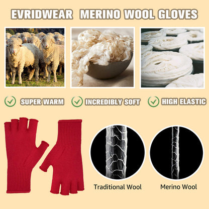 EvridWear 1 Pair Merino Wool String Knit Liner Fingerless Touchscreen Gloves, Men Women (Red)