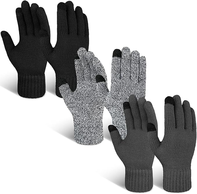 EvridWear 3 Pairs Fingerless Touchscreen Gloves - Thermal &amp; Warm (Blue/Light Grey/Dark Grey)