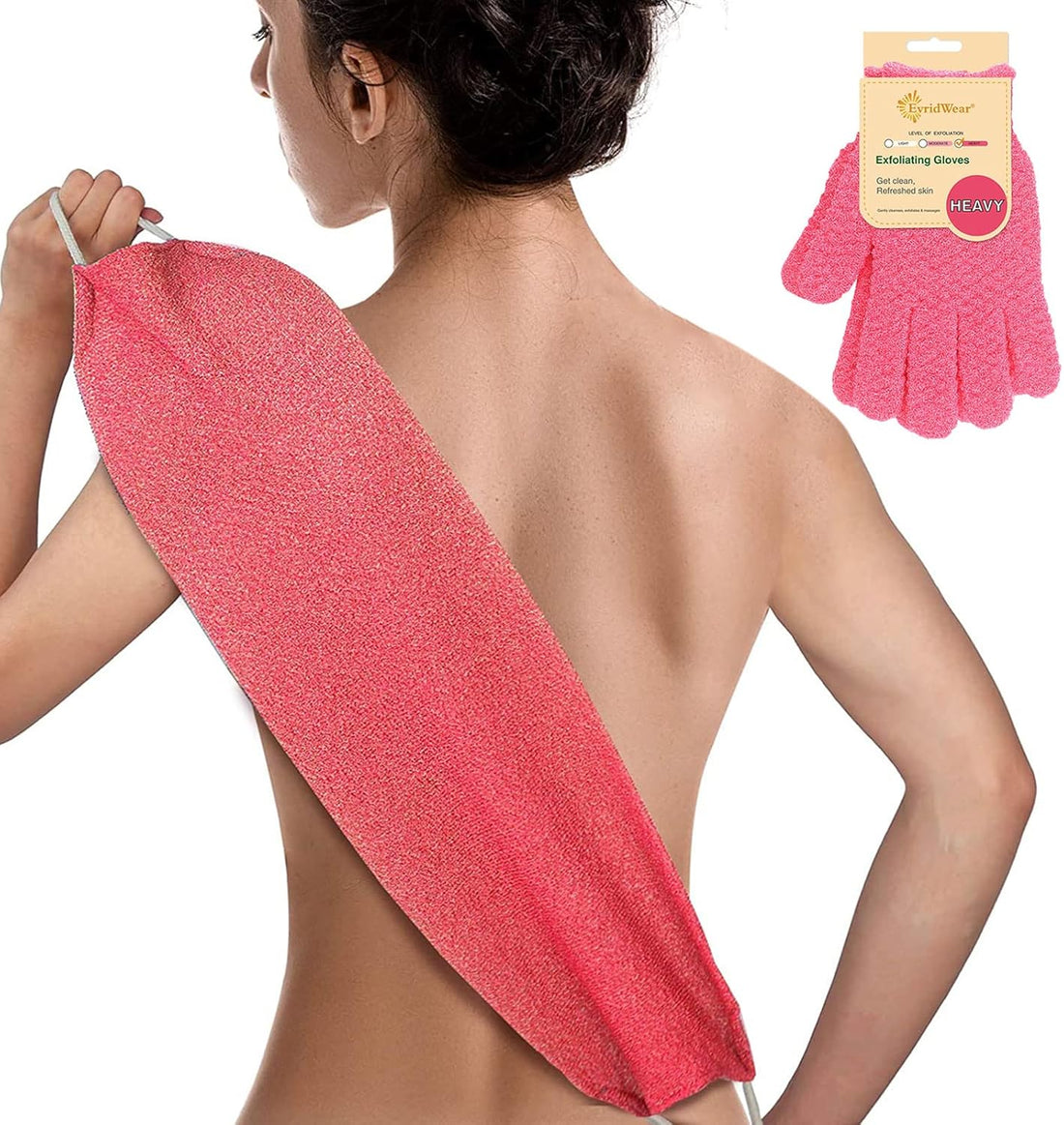 Evridwear Exfoliating Back Scrubber with Handles (Back Scrubber + Heavy Gloves Pink)