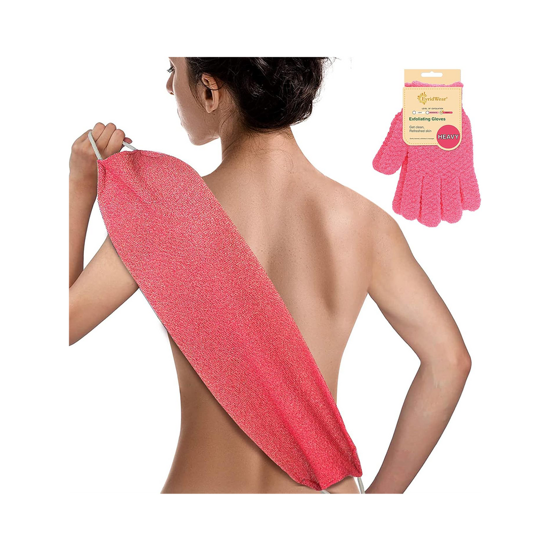 Evridwear Exfoliating Back Scrubber with Handles (Back Scrubber + Heavy Gloves Pink)