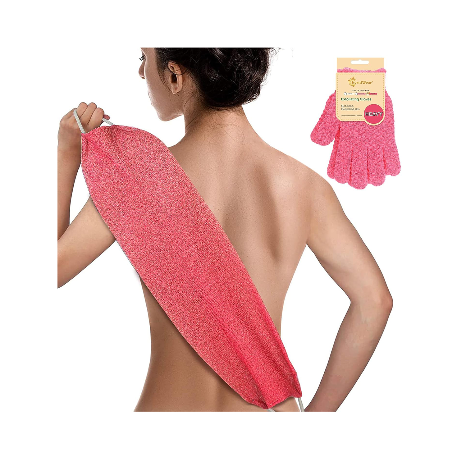 Evridwear Exfoliating Back Scrubber with Handles (Back Scrubber + Heavy Gloves Pink)