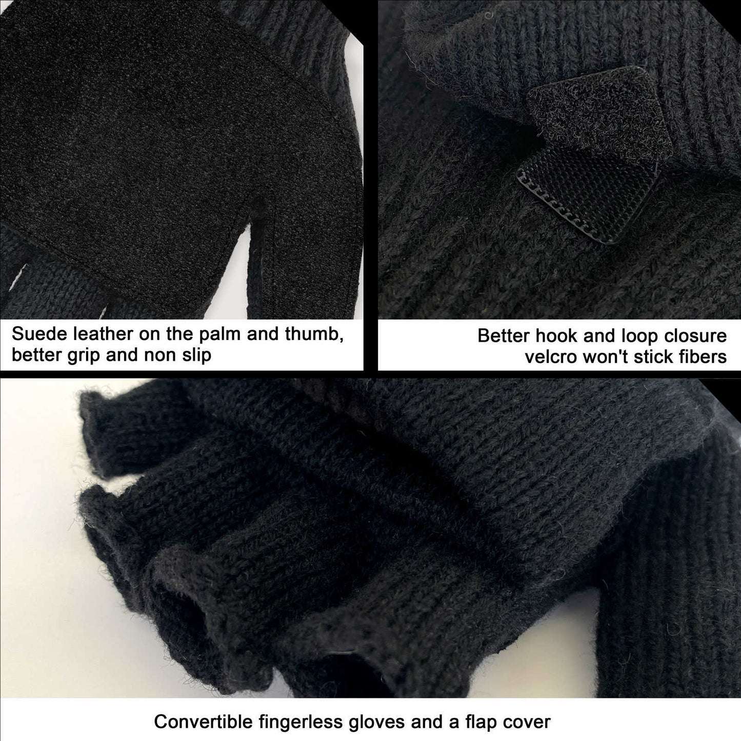 EvridWear Winter Convertible Fingerless Gloves, Evridwear Wool Mittens Warm, with Anti-Slip Suede Leather Palm and Thumb, Unisex Style