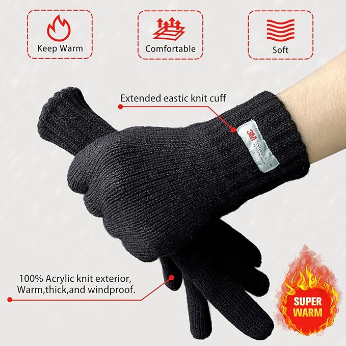 EvridWear Men's Winter Gloves - Knit with 3M Thinsulate Insulation (Black)