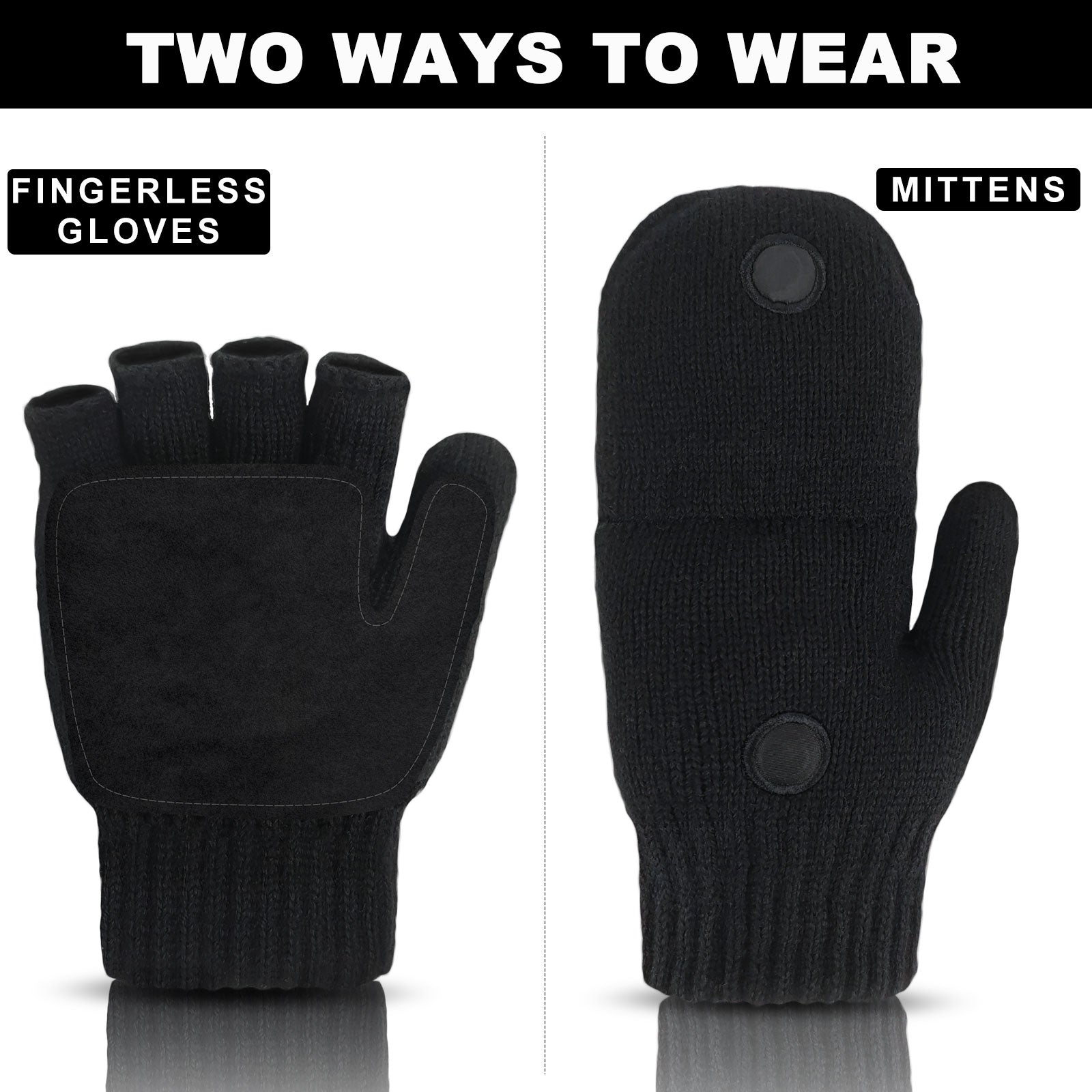 Convertible Fingerless Winter Gloves w/ Anti-Slip Suede Leather Palm and Thumb