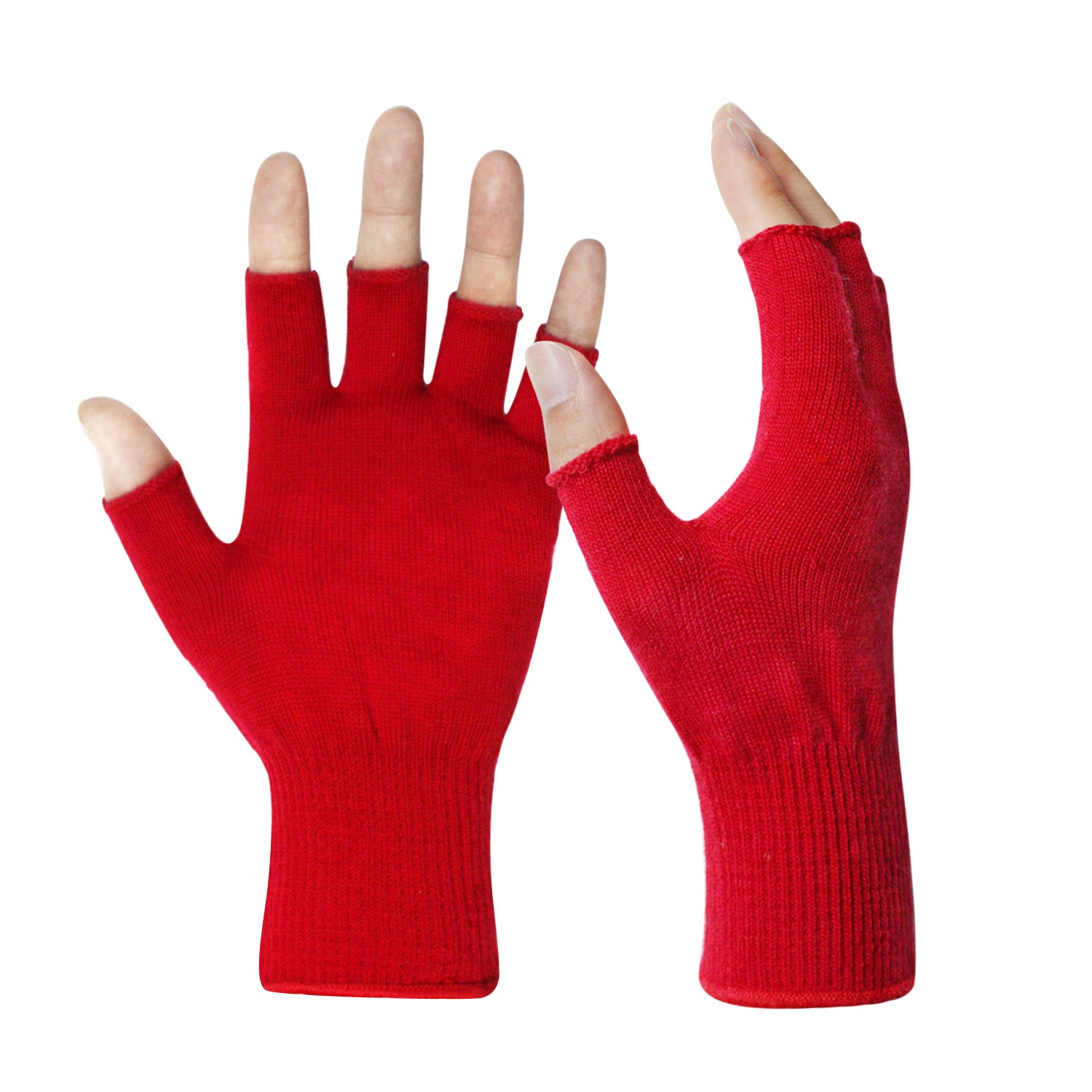 EvridWear Merino Wool Fingerless String Knit Liner Touchscreen Gloves in Red