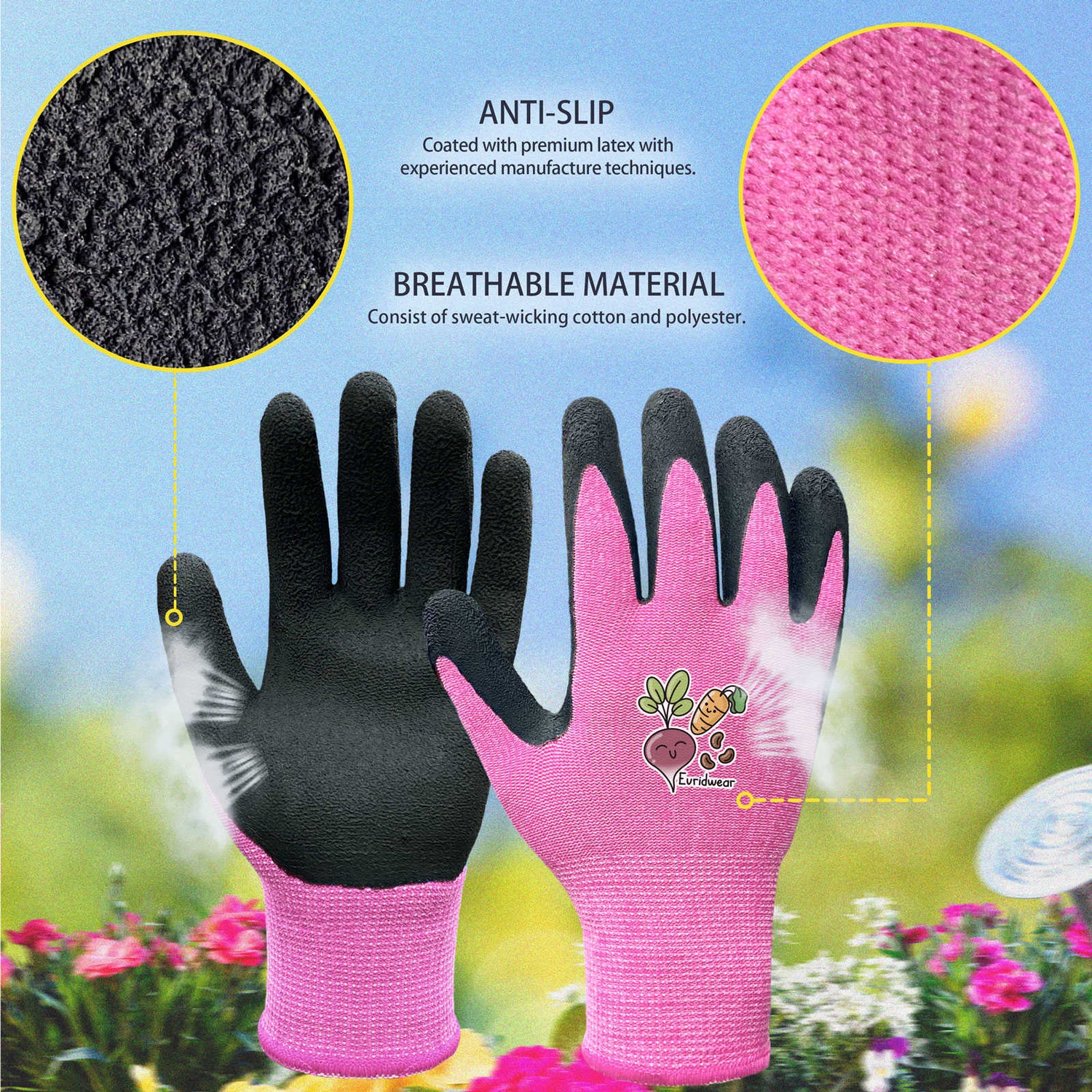 EvridWear Kids Gardening Gloves, Vegetable Patterns (Pink)