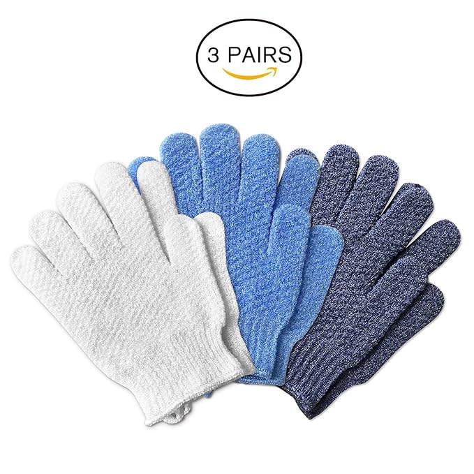 Evridwear Exfoliating Glove for Shower Man and Women, Dual Texture Bath Body Scrub Gloves Dead Skin Cell Remover forHome Spa, Massage,with Hanging Loop (3 Pairs)