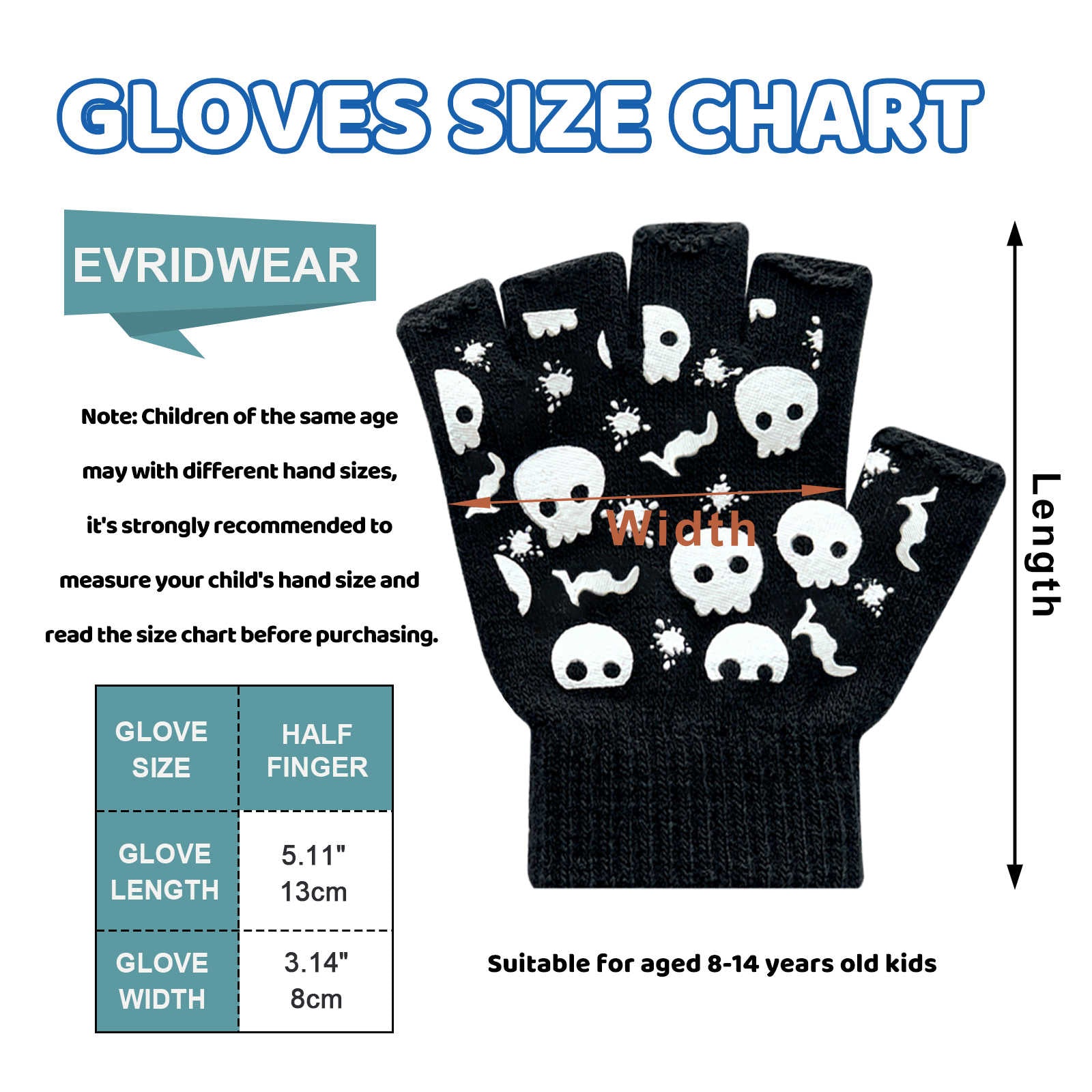 EvridWear Kids Fingerless Gloves - 3 Pairs Skull