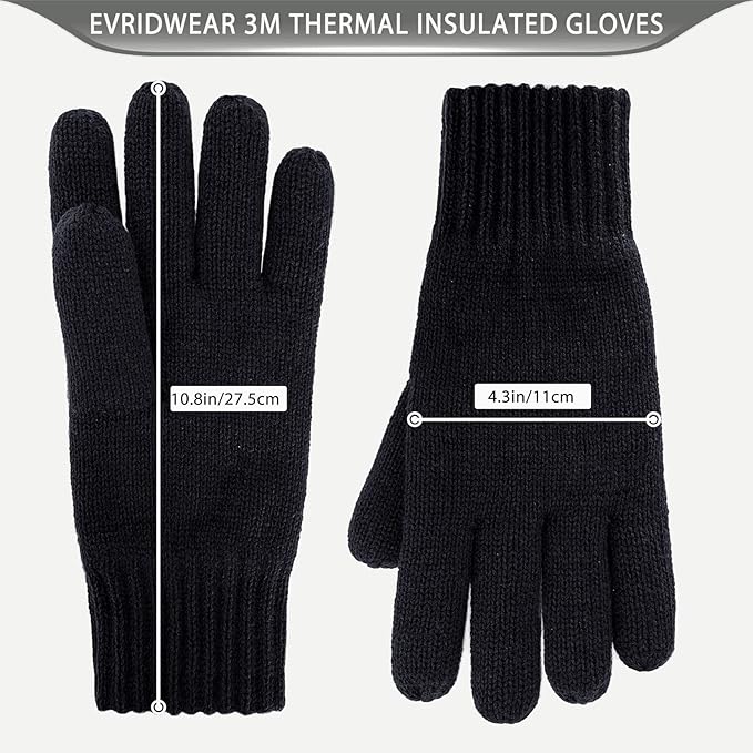 EvridWear Men's Winter Gloves - Knit with 3M Thinsulate Insulation (Black)