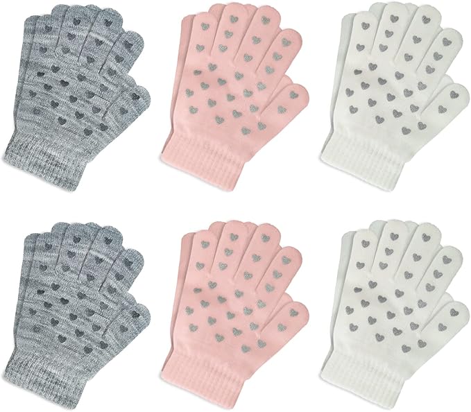 EvridWear Kids Winter Gloves - 6 Pairs Heart Grip Knit (Boys & Girls)