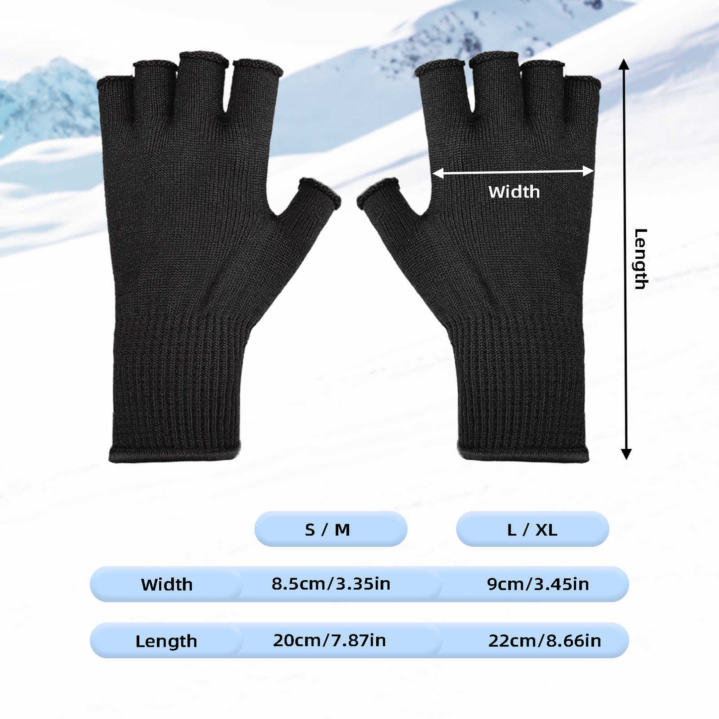EvridWear 1 Pair Merino Wool String Knit Liner Fingerless Touchscreen Gloves, Men Women (Black)