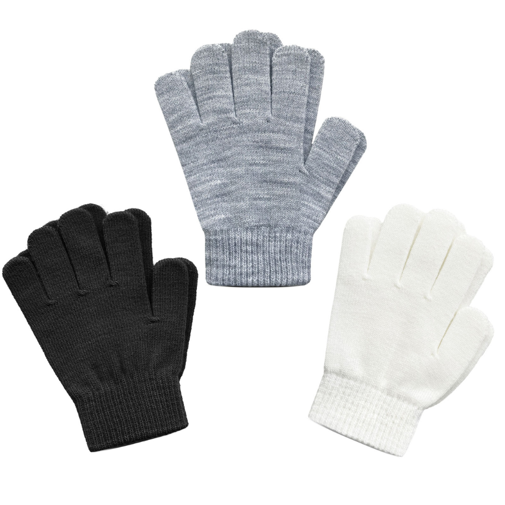 EvridWear Kids Winter Gloves - 3 Pairs White/Black/Grey Knit (Boys &amp; Girls)