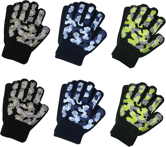 EvridWear Kids Winter Gloves - 6 Pairs Camo Print Knit (Boys &amp; Girls)