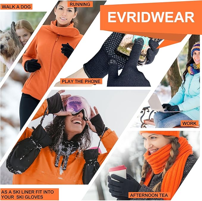 Evridwear Touchscreen Merino Wool Gloves Warm Ski Glove Liner for Men Women