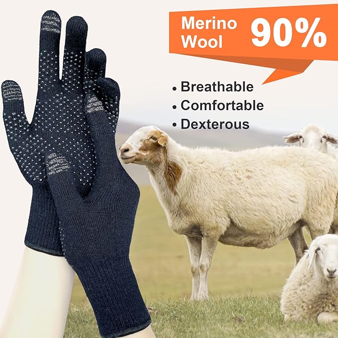 Evridwear Touchscreen Merino Wool Gloves Warm Ski Glove Liner for Men Women