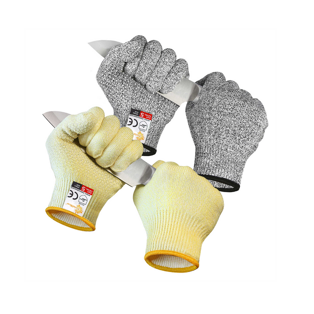 EvridWear 2 Pairs Cut Resistant Gloves With Silicone Grip Dots (Yellow+Gray)