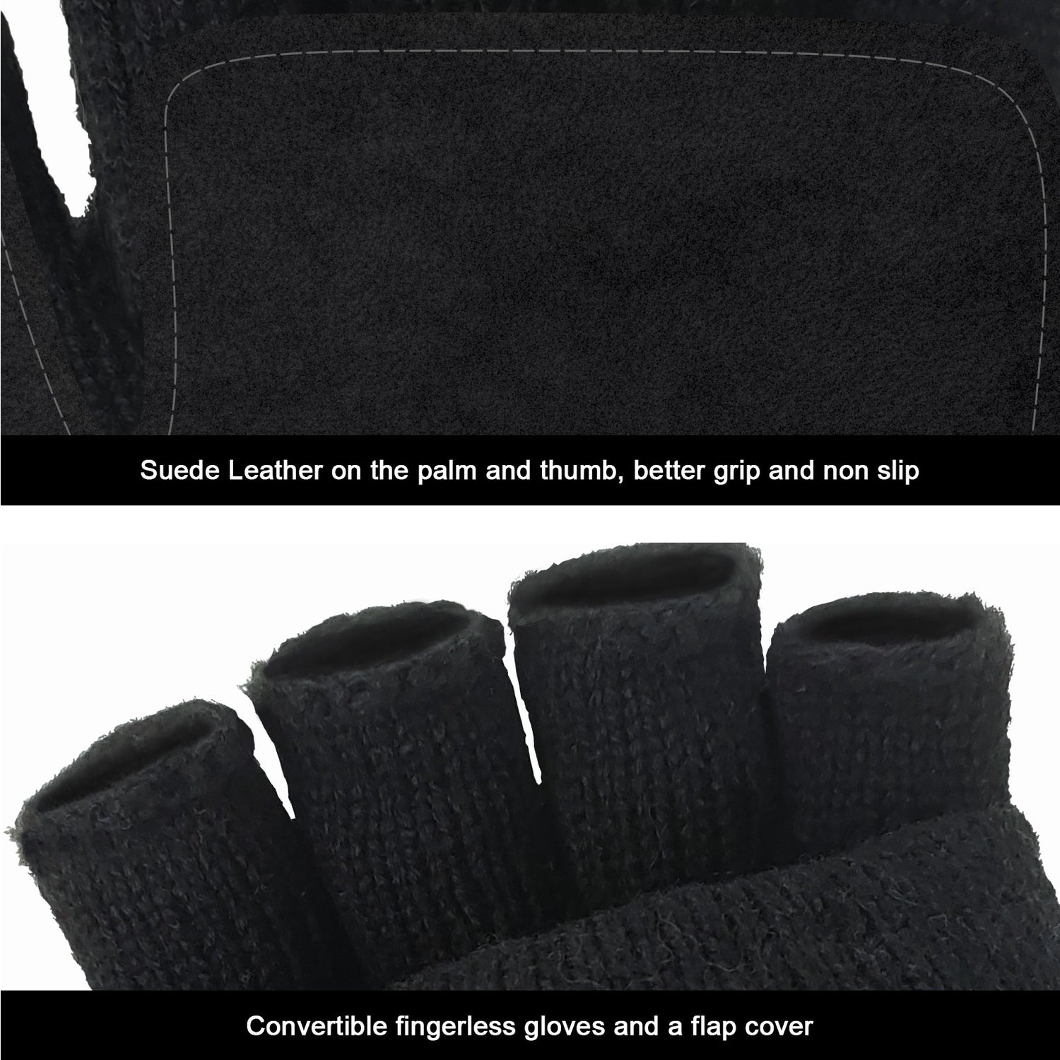 Convertible Fingerless Winter Gloves w/ Anti-Slip Suede Leather Palm and Thumb