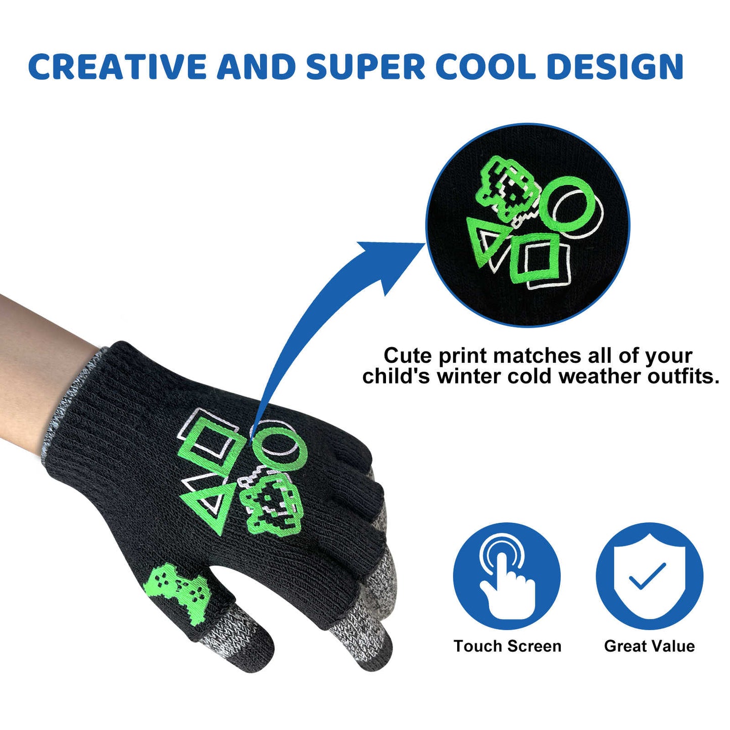 EvridWear 2 Pairs Boy Girl Knit Warm Touchscreen Gloves (Touchscreen Pattern 3)