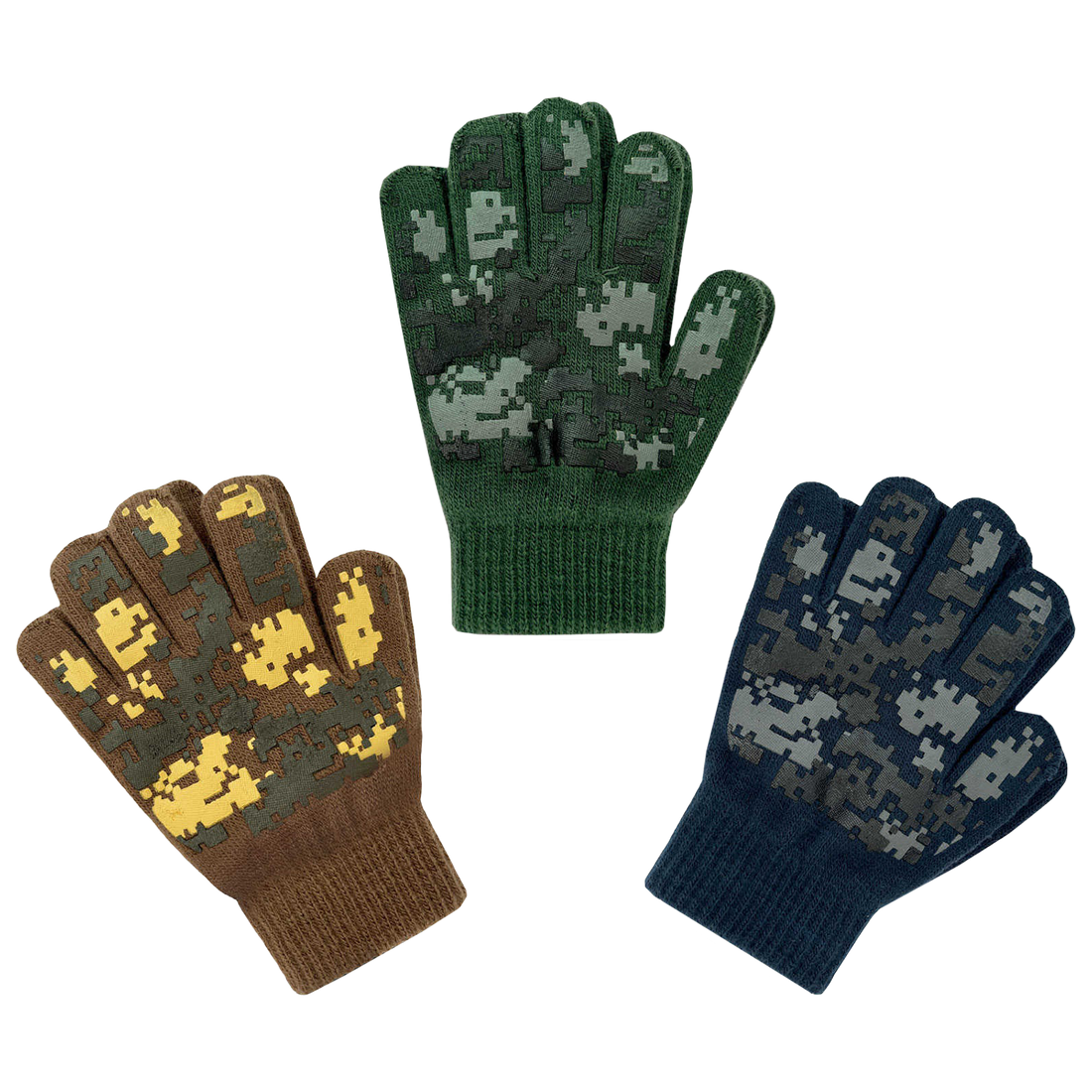 EvridWear Kids Winter Gloves - 3 Pairs Pixel Camo Grip Knit (Boys &amp; Girls)