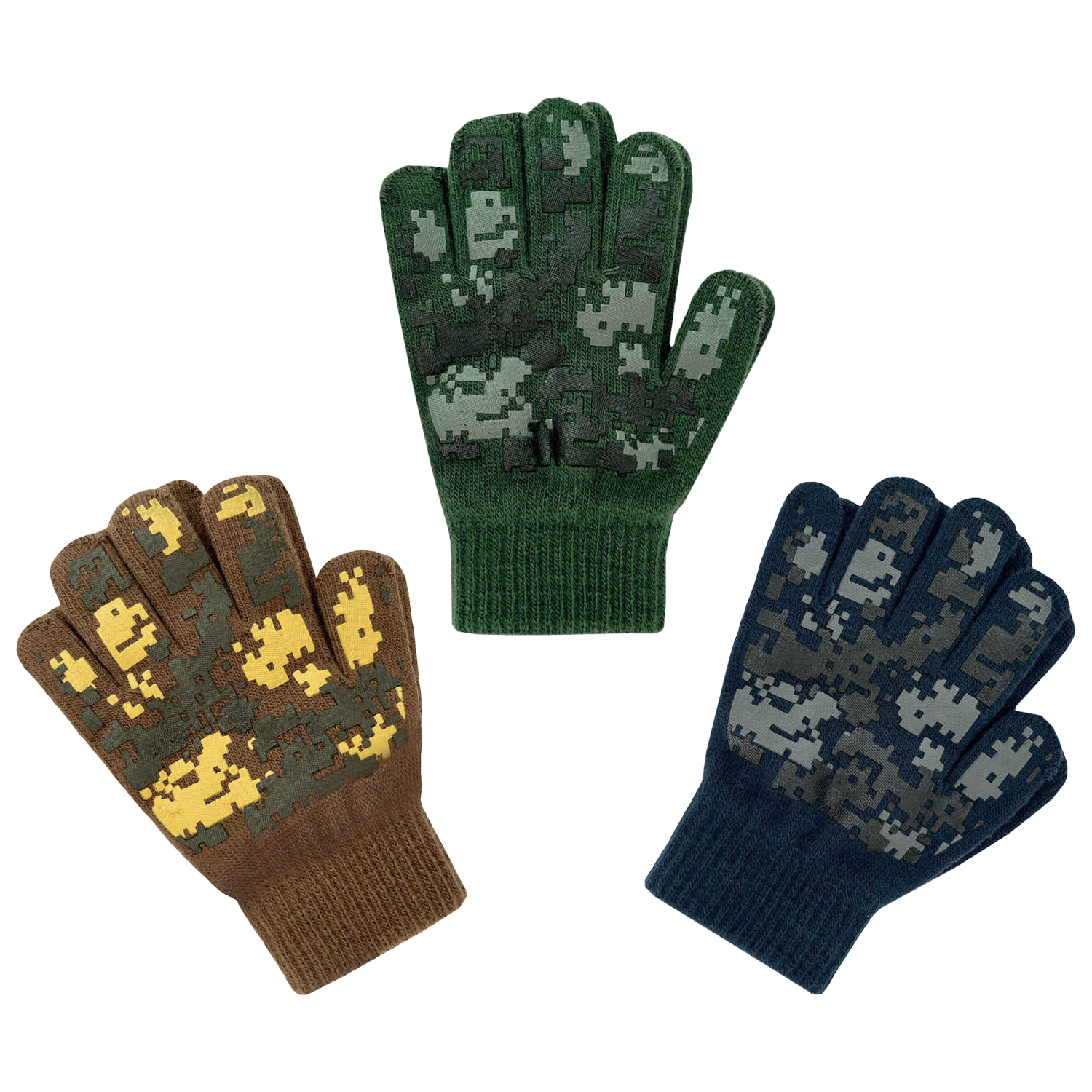 EvridWear Kids Winter Gloves - 3 Pairs Pixel Camo Grip Knit (Boys &amp; Girls)