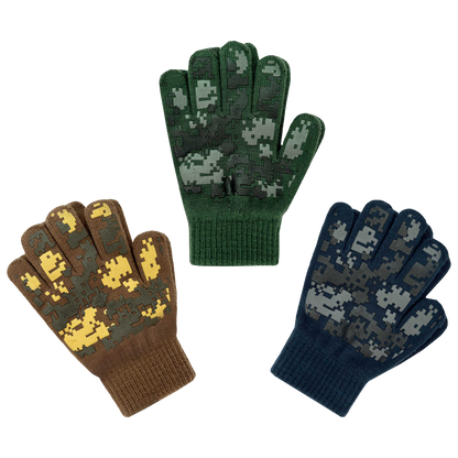 EvridWear Kids Winter Gloves - 3 Pairs Pixel Camo Grip Knit (Boys &amp; Girls)