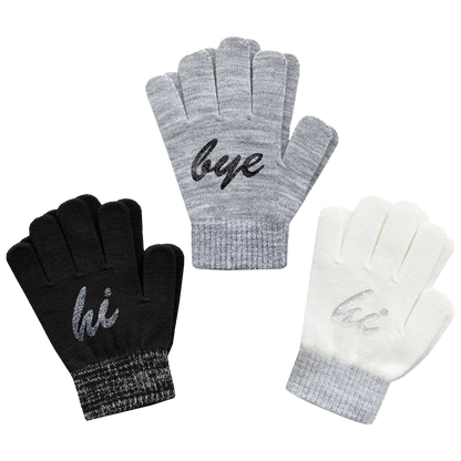 EvridWear Kids Winter Gloves - 3 Pairs Hi/Bye Print Knit (Boys &amp; Girls)