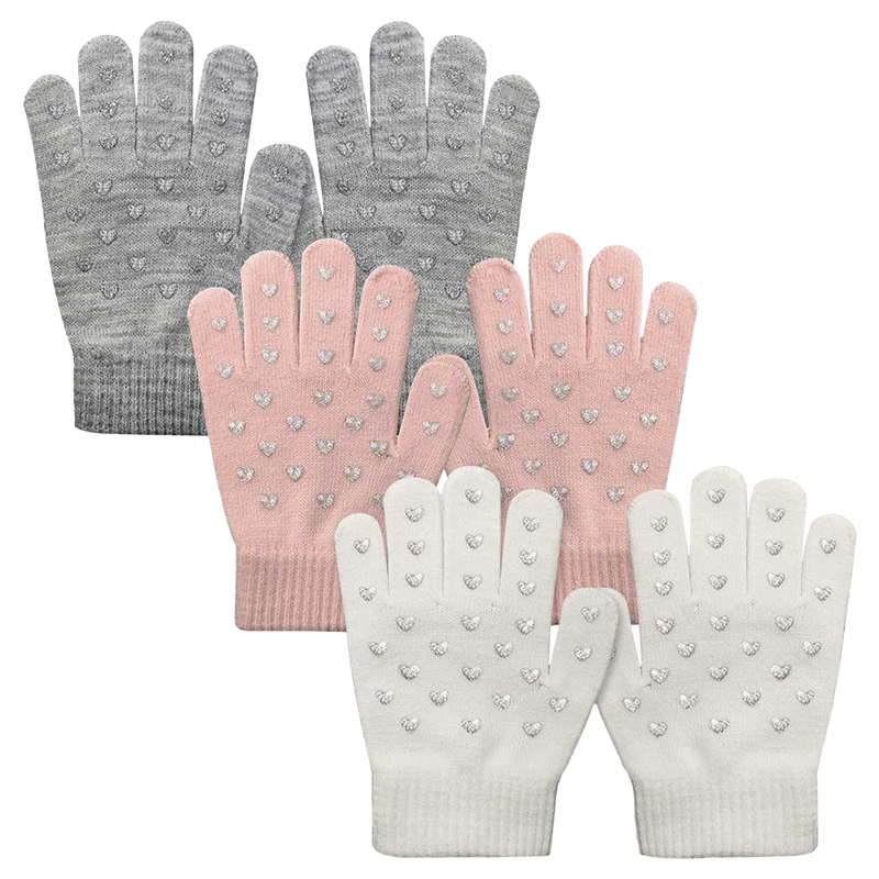 EvridWear Kids Winter Gloves - 3 Pairs Heart Grip Knit (Boys & Girls)