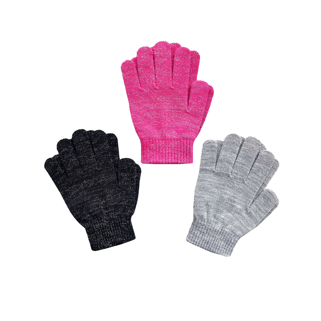 EvridWear Kids Winter Gloves - 3 Pairs Black/Pink/Grey Print Knit (Boys & Girls)