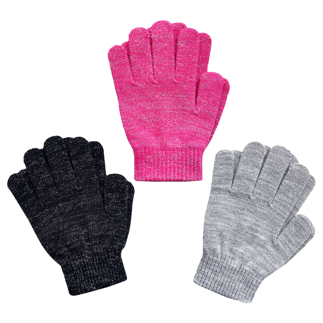 EvridWear Kids Winter Gloves - 3 Pairs Black/Pink/Grey Print Knit (Boys &amp; Girls)