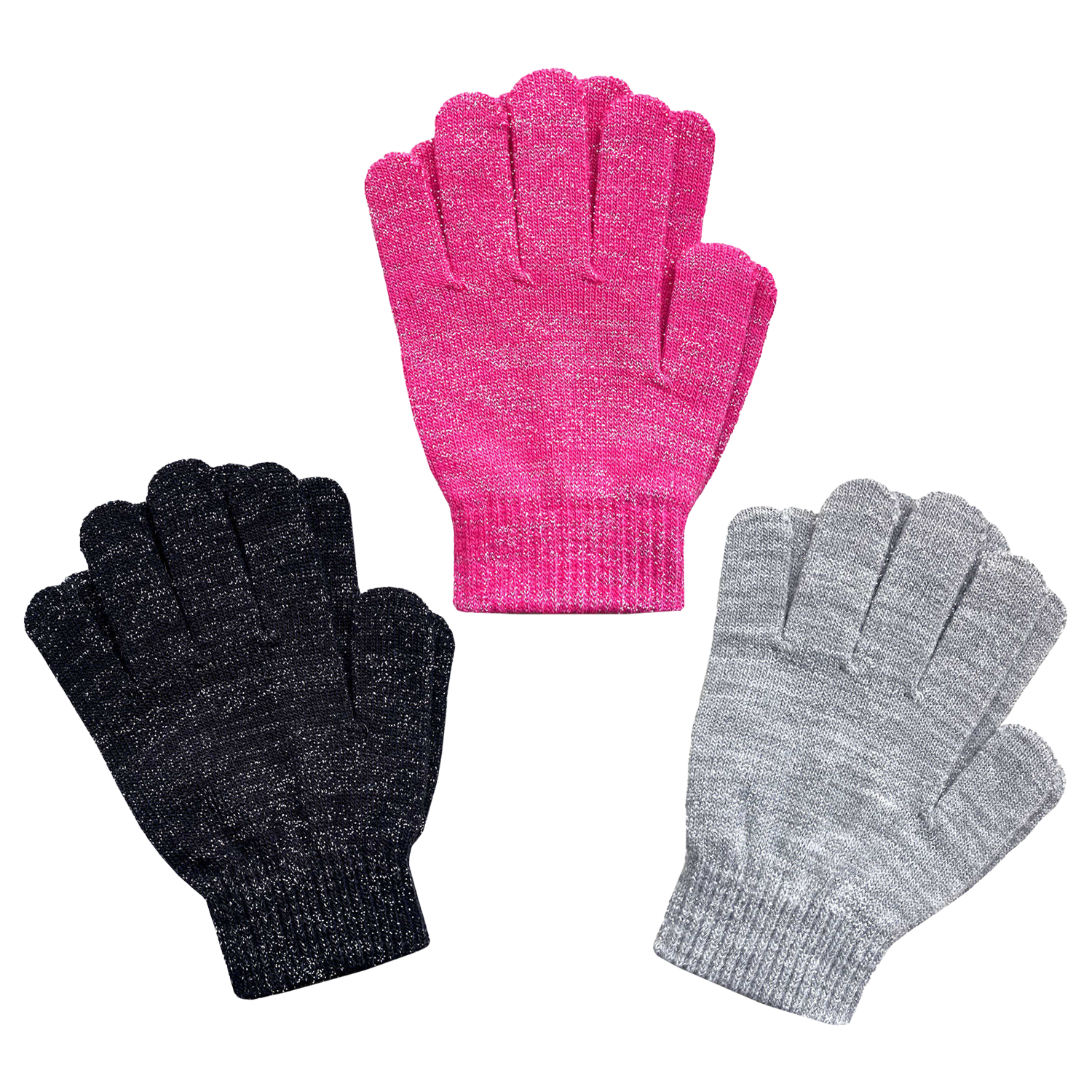 EvridWear Kids Winter Gloves - 3 Pairs Black/Pink/Grey Print Knit (Boys &amp; Girls)