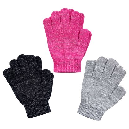 EvridWear Kids Winter Gloves - 3 Pairs Black/Pink/Grey Print Knit (Boys &amp; Girls)